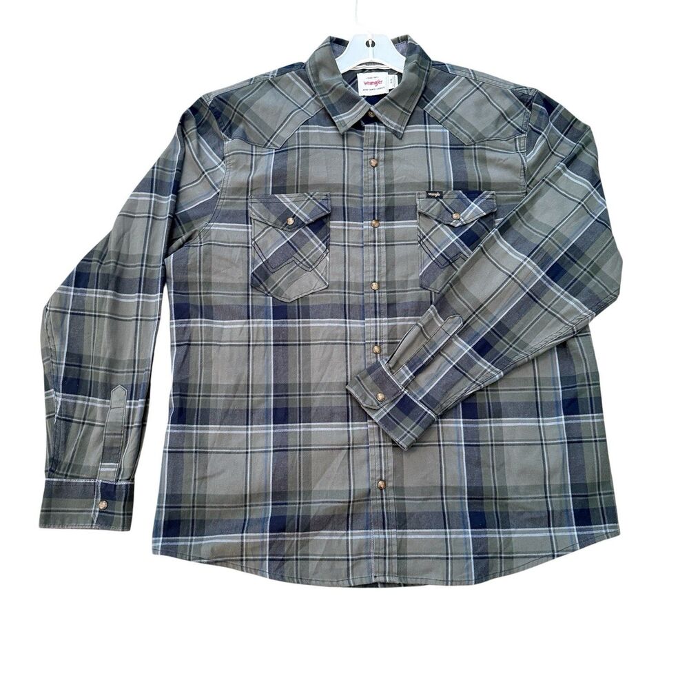 VTG Wrangler PearlSnap Mens Shirt XL Olive Green Plaid Brushpopper Western Rodeo